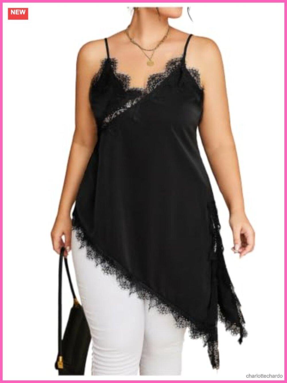 Plus Size Satin Lace Trim Cami V Neck Asymmetrical Long Tank Top